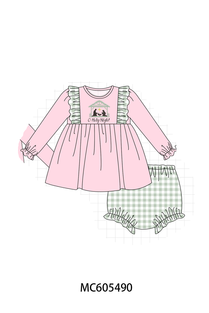 PO93 Pink&navy nativity embroidery ruffle gingham collection