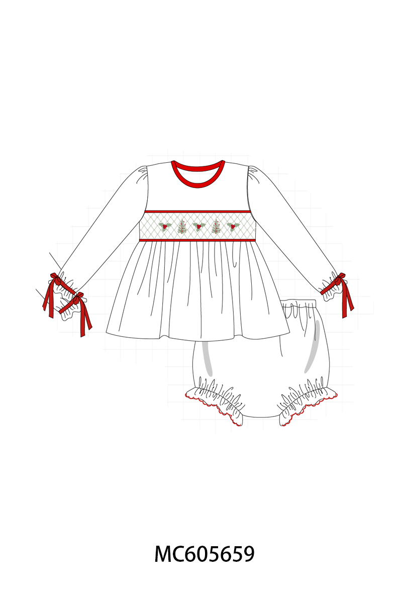 PO93 Red&sage christmas tree holly smocked collection