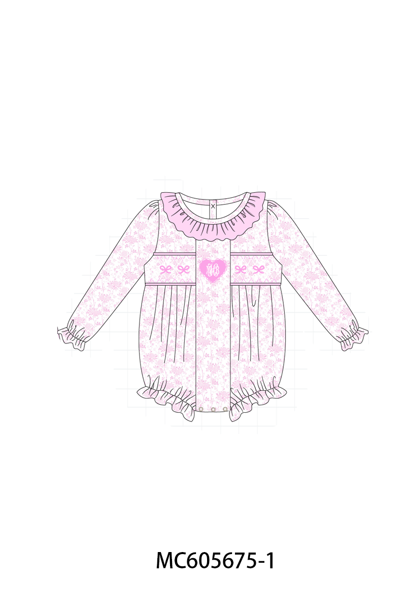 PO95 Pink bow monogram embroidery smocked ruffle collection