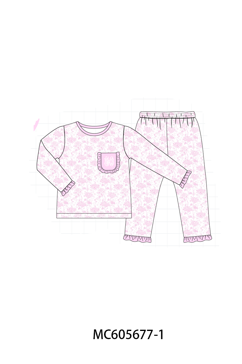 PO95 Pink bow monogram embroidery smocked ruffle collection