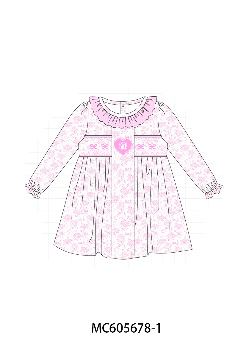 PO95 Pink bow monogram embroidery smocked ruffle collection