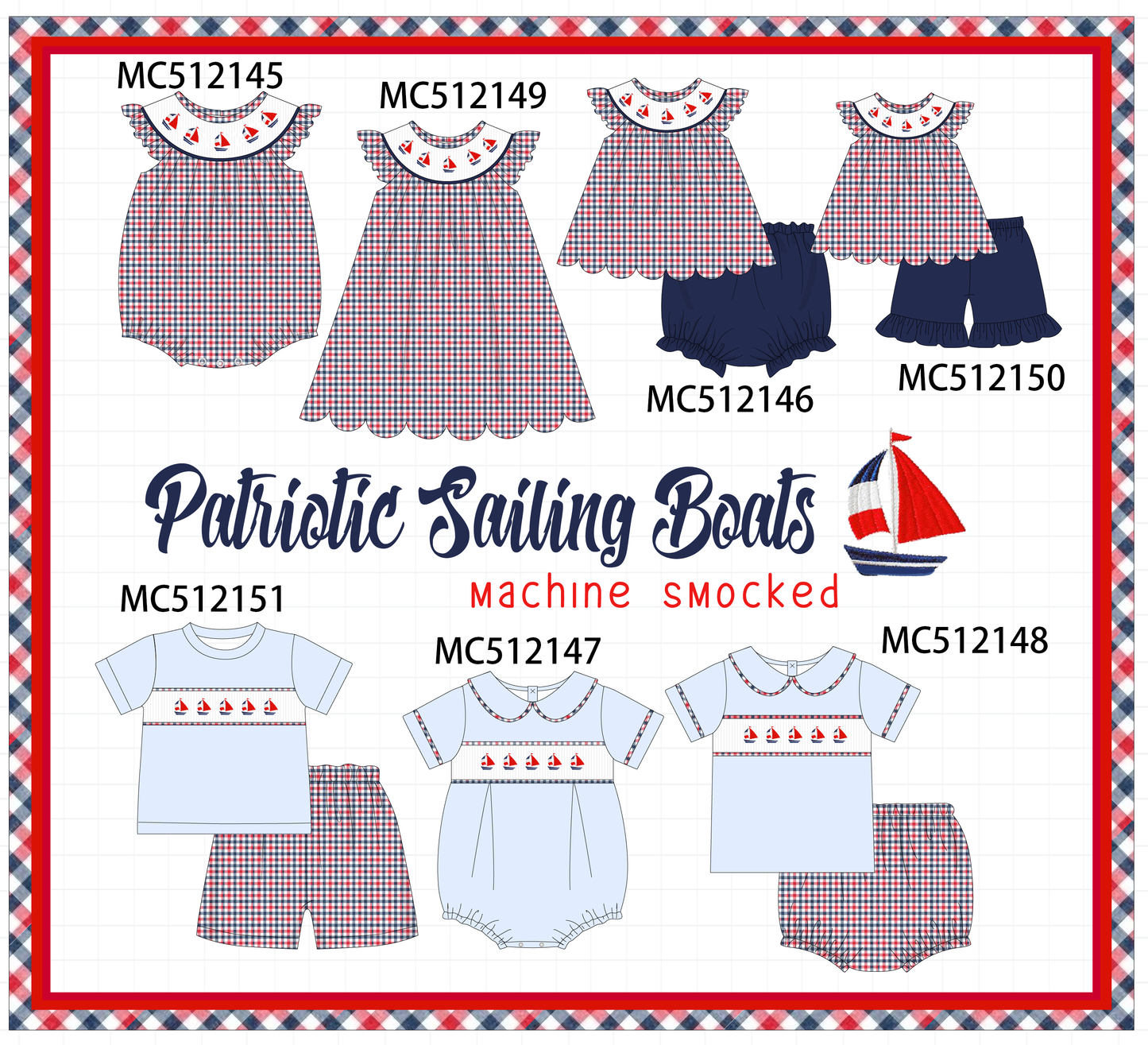 PO76 Navy Patriotic sailboat smocked gingham collection