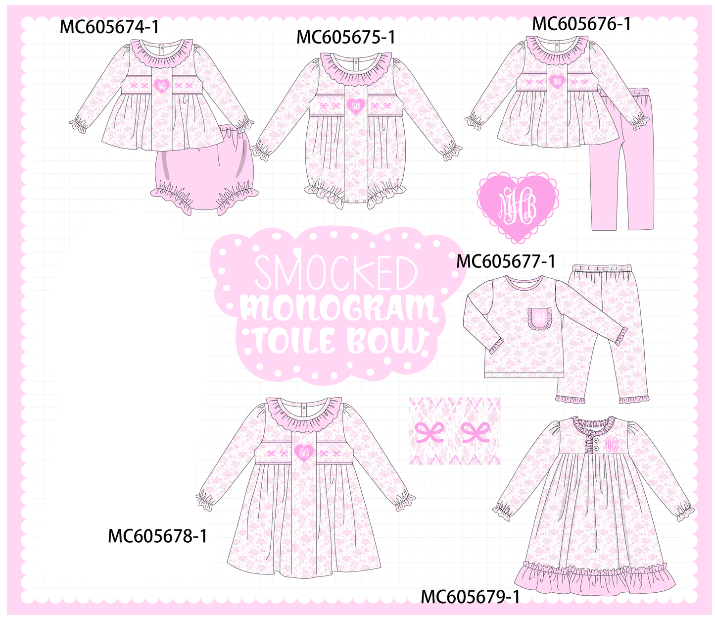 PO95 Pink bow monogram embroidery smocked ruffle collection