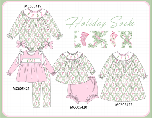PO93 Pink holiday floral socks embroidery collection