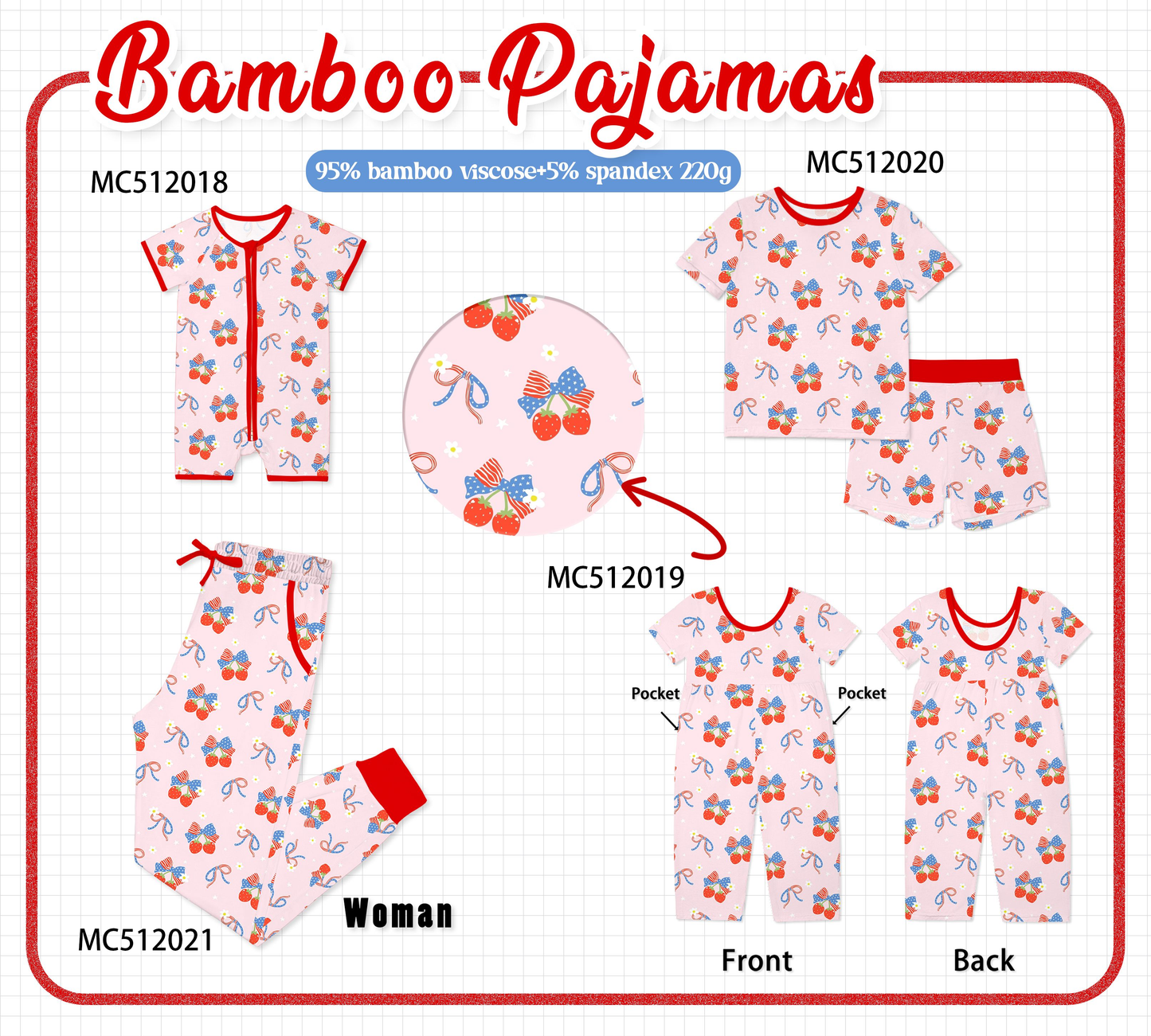 PO76 Pink strawberry flag bow bamboo collection