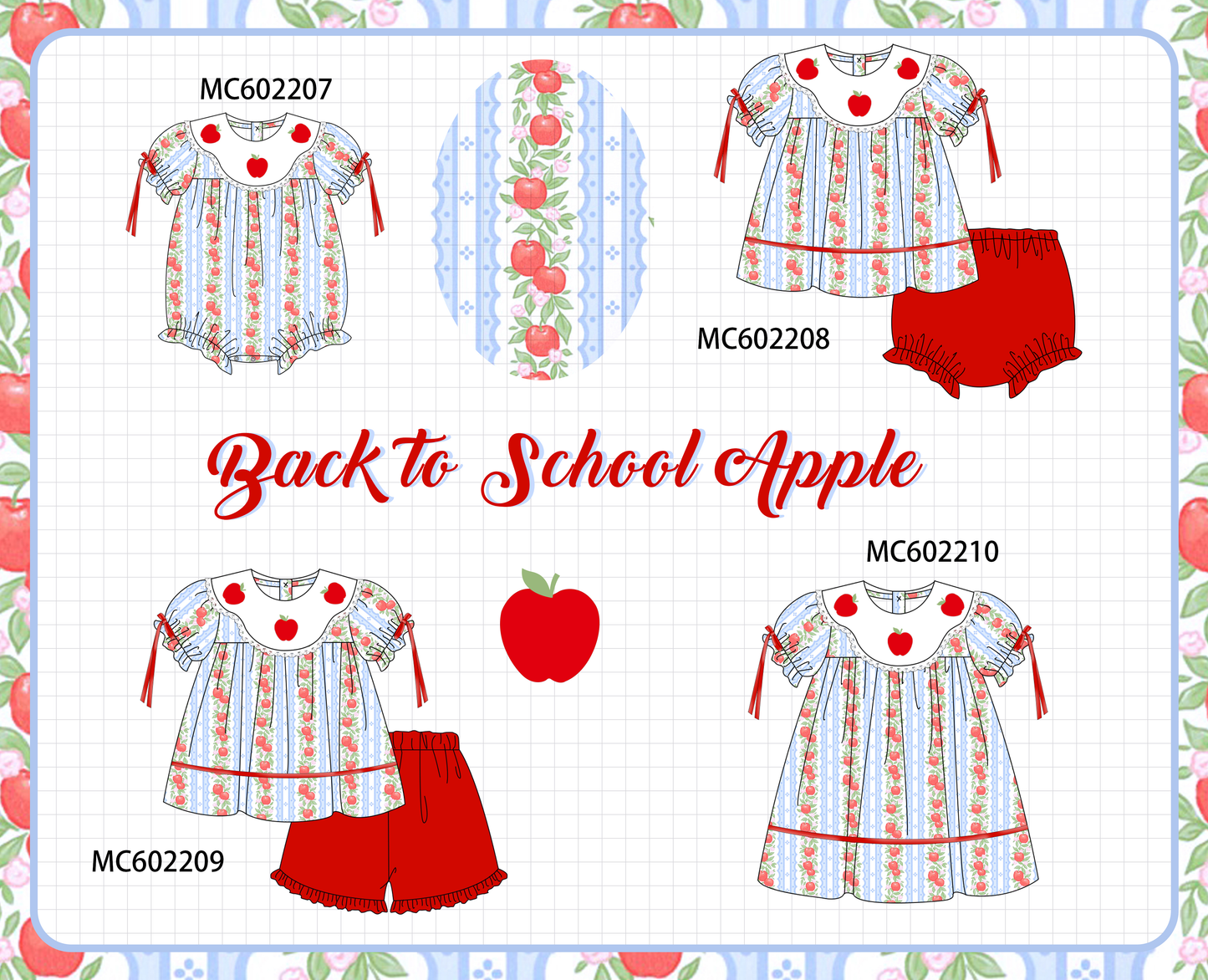 PO81 Red back to school apple embroidery print collection