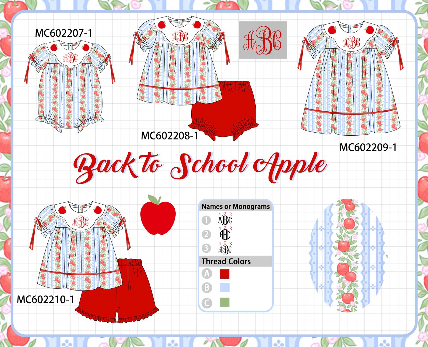 PO81 Red back to school apple monogram embroidery print collection