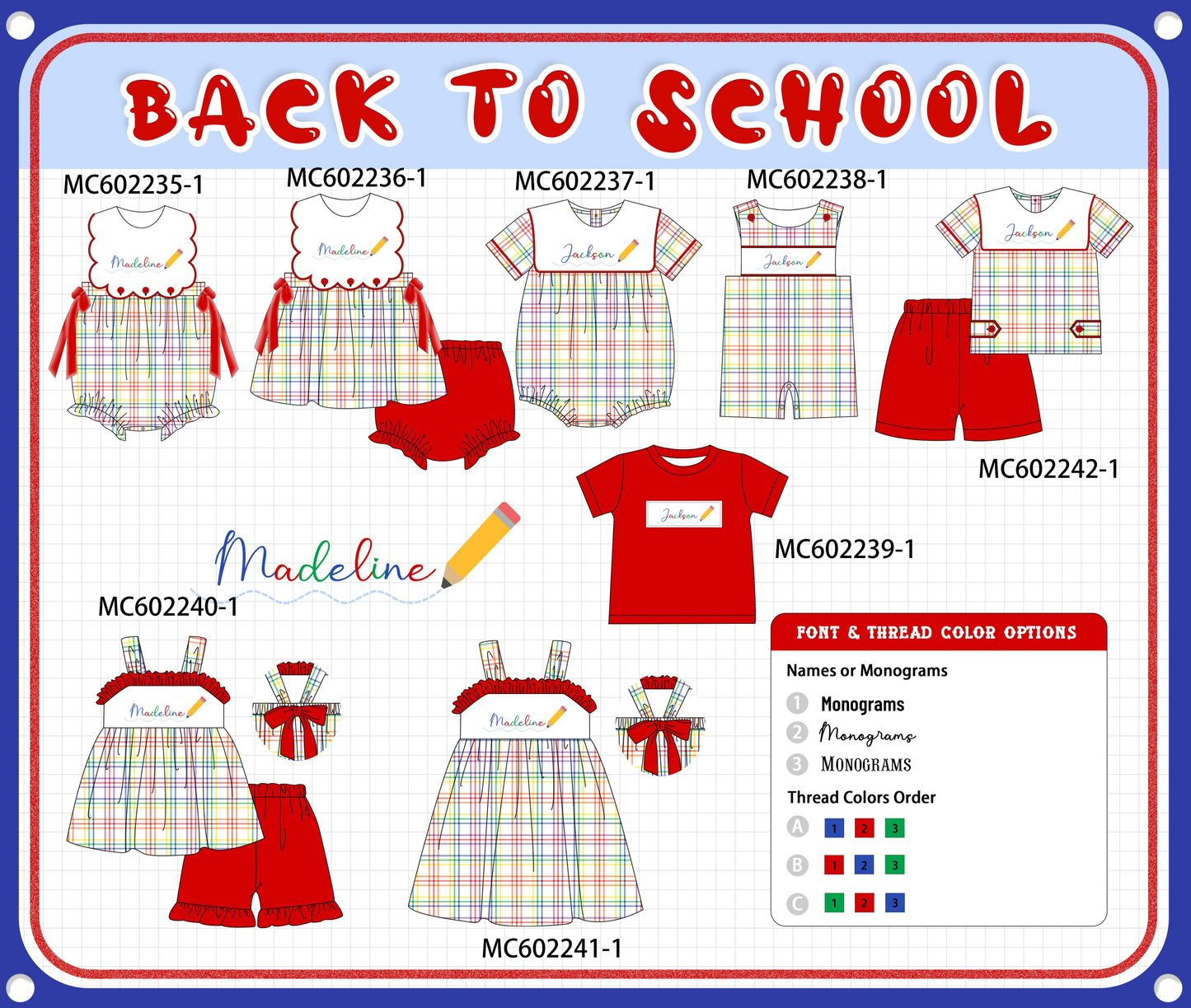 PO81 Red back to school pencil monogram embroidery plaid collection