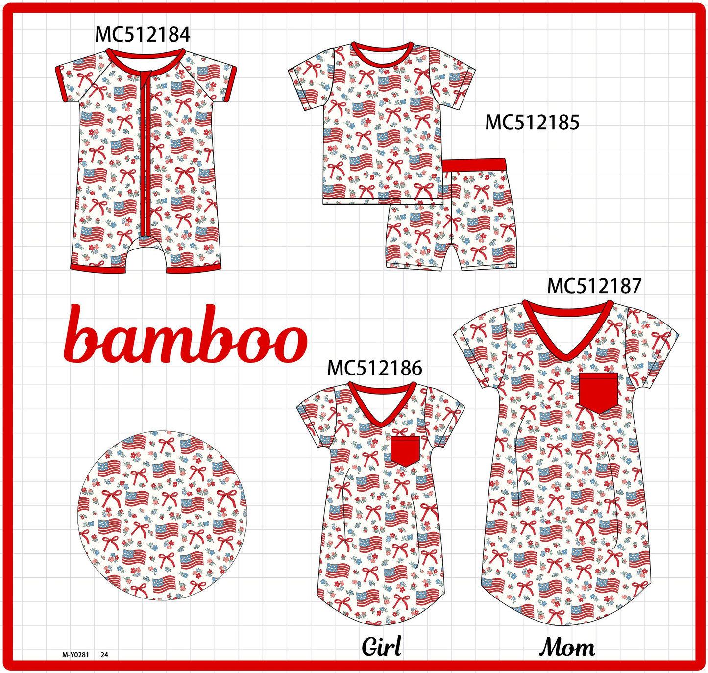 PO76 Red patriotic flag bow print bamboo collection