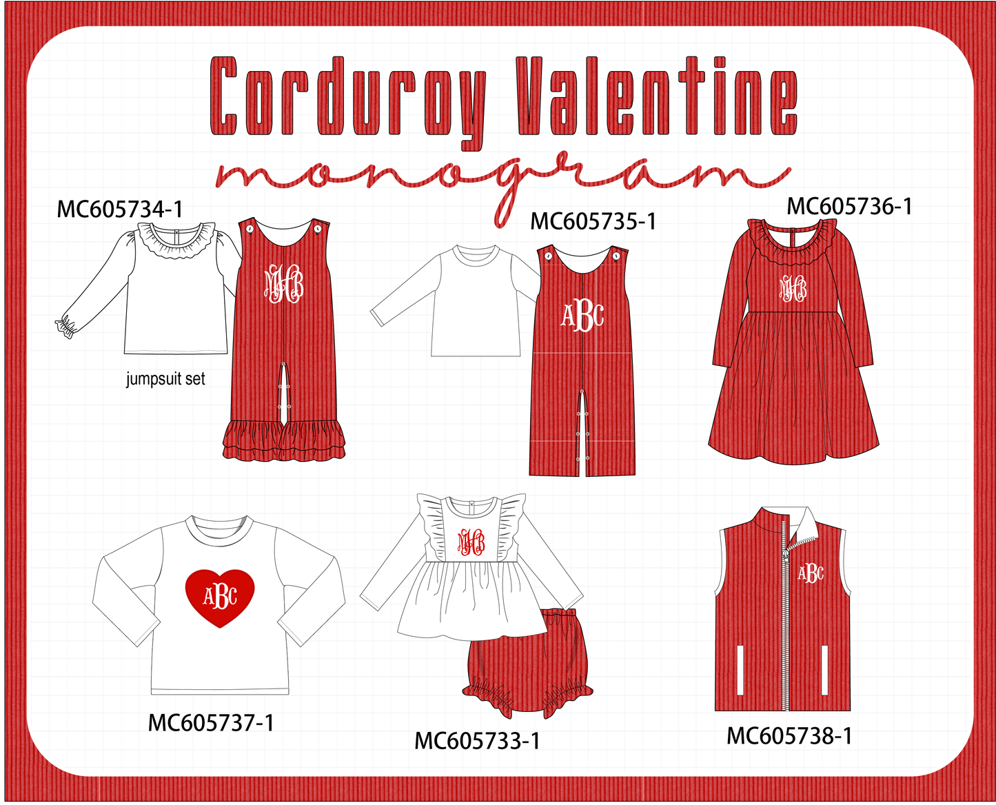 PO95 Red valentine's day corduroy monogram embroidery collection