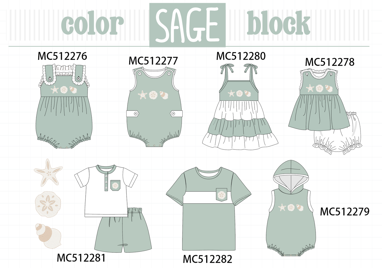 PO76 Sage starfish shell embroidery collection